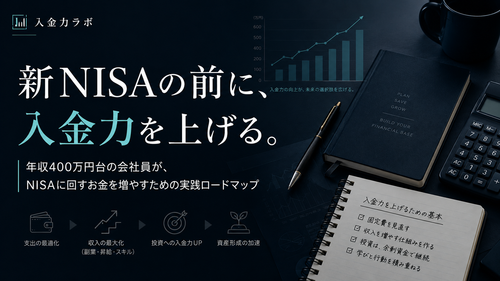新NISAの前に入金力を上げるというテーマを、ノート・電卓・グラフ・デスクのビジュアルで表現した入金力ラボのアイキャッチ画像