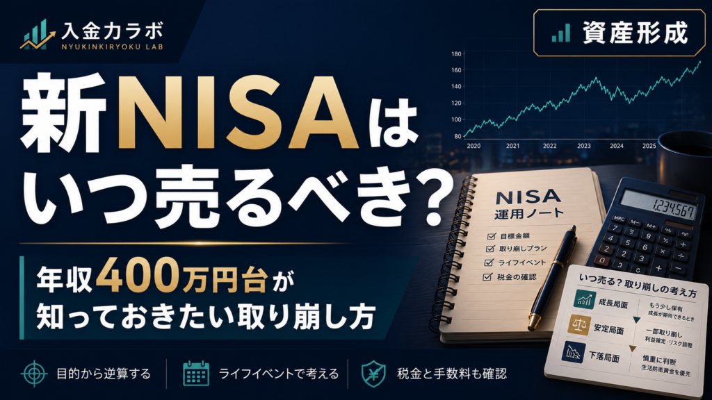 新NISAはいつ売るべきか悩む年収400万円台の会社員向けに、売却タイミングや取り崩し方を目的・ライフイベント・家計状況から考える方法を表現した入金力ラボのアイキャッチ画像