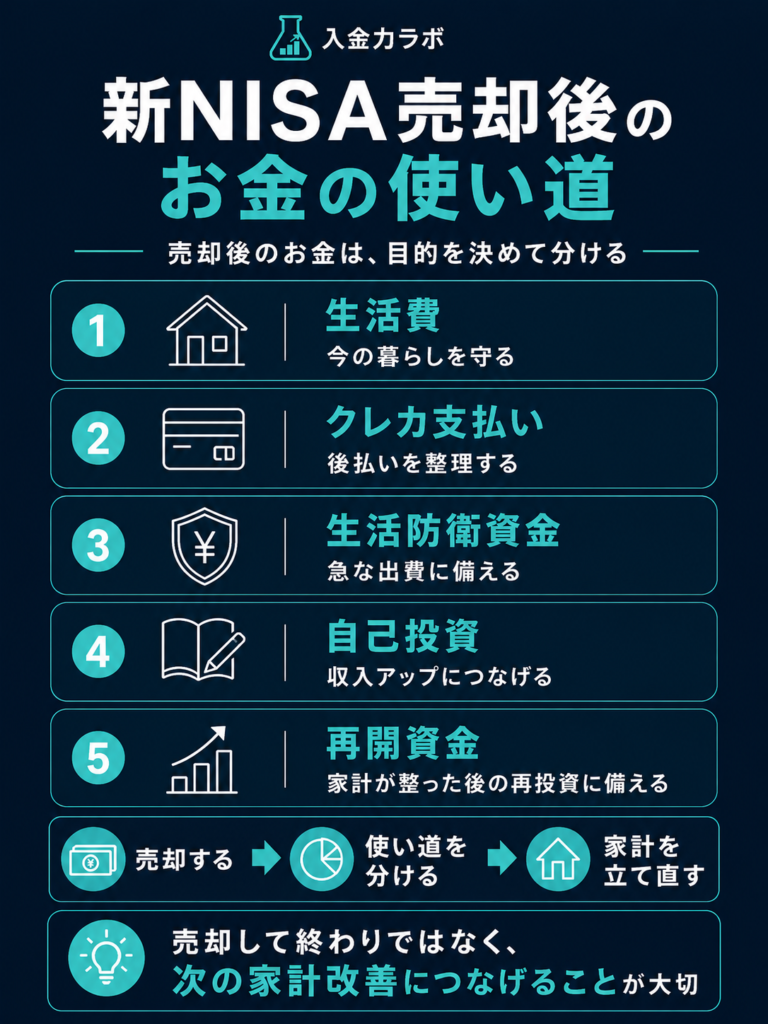 新NISAを売却した後のお金の使い道として、生活費・クレカ支払い・生活防衛資金・自己投資・再開資金に分ける考え方を示した図解