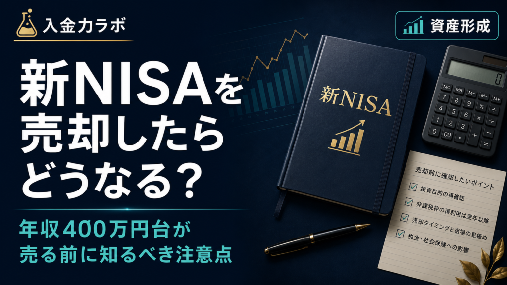 新NISAを売却したらどうなるのか知りたい年収400万円台の会社員向けに、売却前の注意点や非課税枠の確認を表現した入金力ラボのアイキャッチ画像
