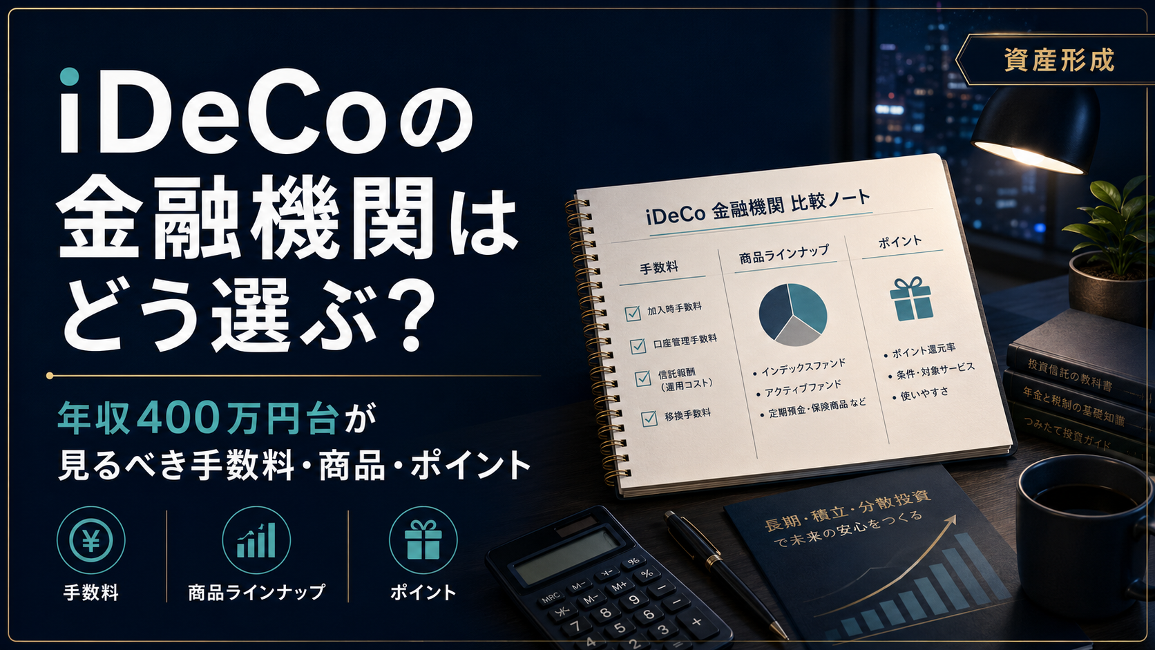iDeCoの金融機関をどう選ぶか悩む年収400万円台の会社員向けに、手数料・商品ラインナップ・ポイントサービスを比較して考える方法を表現した入金力ラボのアイキャッチ画像