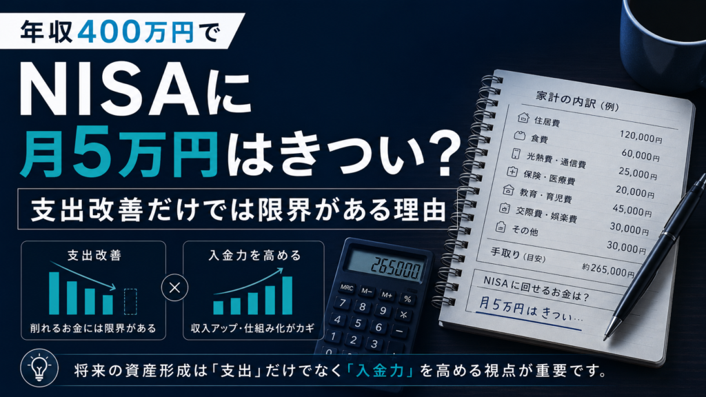 年収400万円でNISAに月5万円を回すのはきついのか、支出改善だけでは限界があり入金力を高める視点が重要であることを表現した入金力ラボのアイキャッチ画像