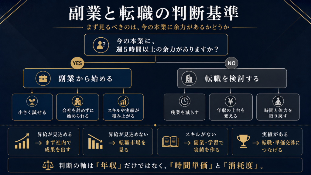 副業と転職のどちらを優先すべきか判断するための基準をまとめた図解
