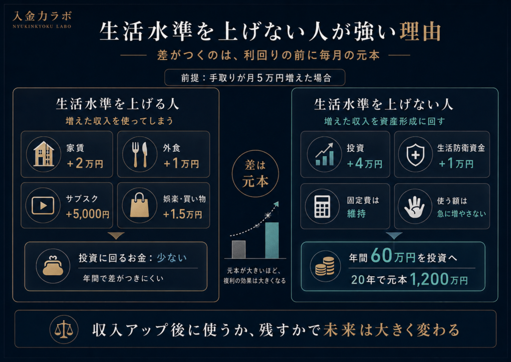 生活水準を上げる場合と資産形成を優先する場合の違いを比較した図解