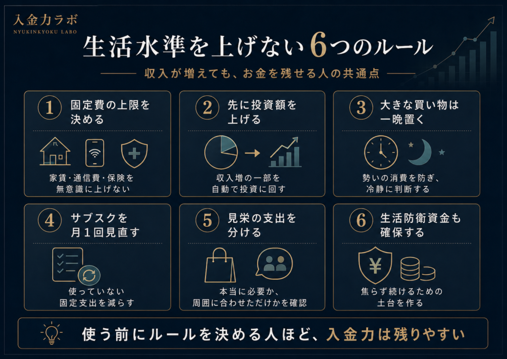 生活水準を上げすぎずにお金を残すための6つのルールをまとめた図解