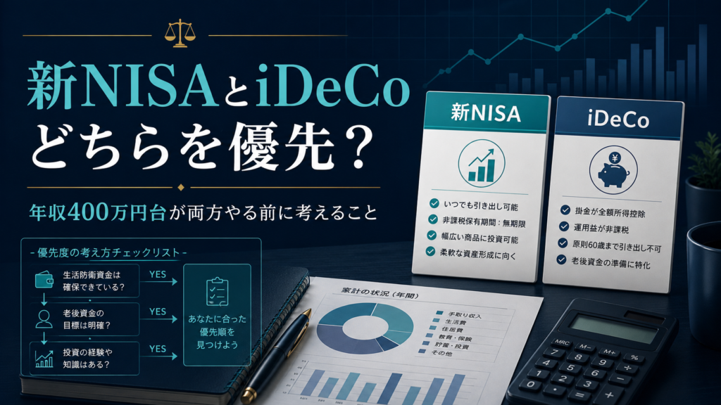 新NISAとiDeCoのどちらを優先すべきか、年収400万円台の会社員が生活防衛資金や家計状況を確認しながら判断するためのアイキャッチ画像