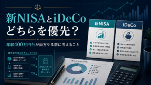 新NISAとiDeCoのどちらを優先すべきか、年収400万円台の会社員が生活防衛資金や家計状況を確認しながら判断するためのアイキャッチ画像
