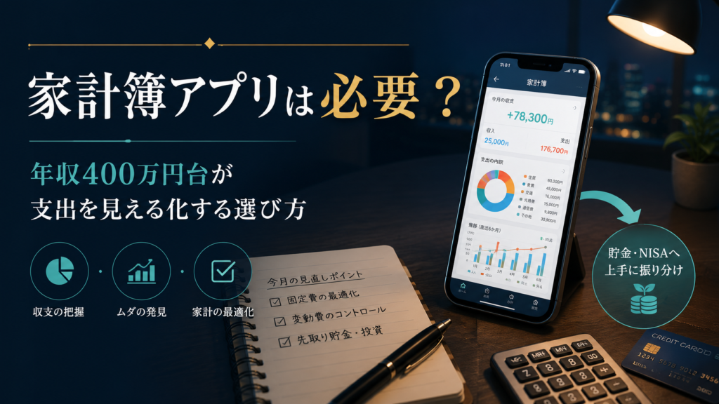 家計簿アプリは必要かをテーマに、年収400万円台の会社員が支出を見える化し、貯金やNISAに回すお金を整理するためのアイキャッチ画像