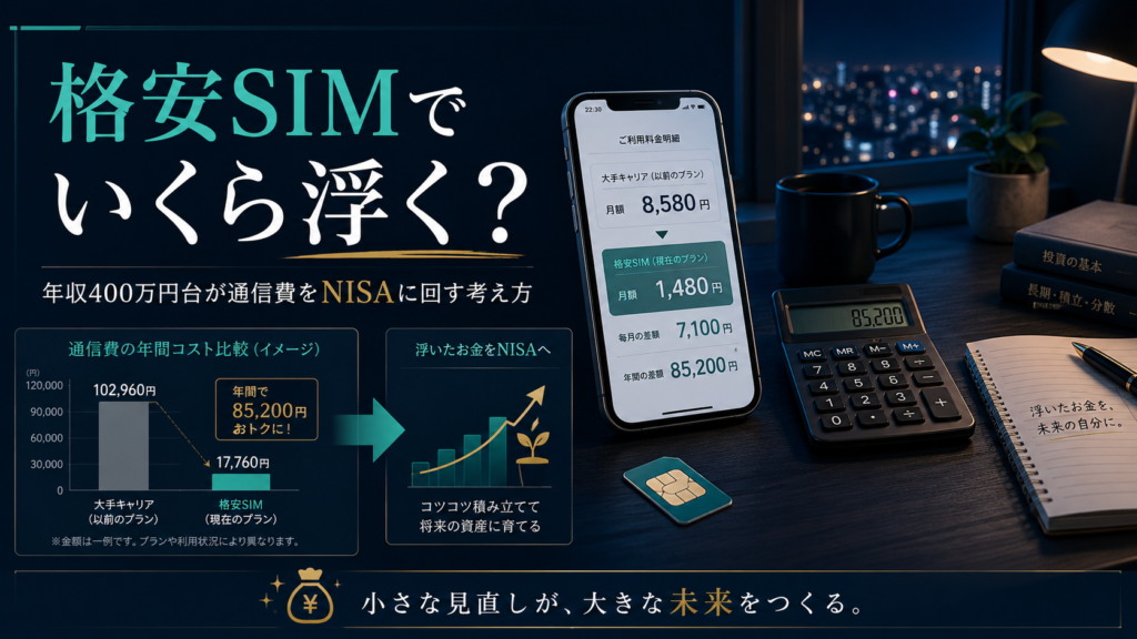 格安SIMでスマホ代を見直し、通信費の節約額を確認して、浮いたお金を新NISAや貯金に回す考え方を表したアイキャッチ画像