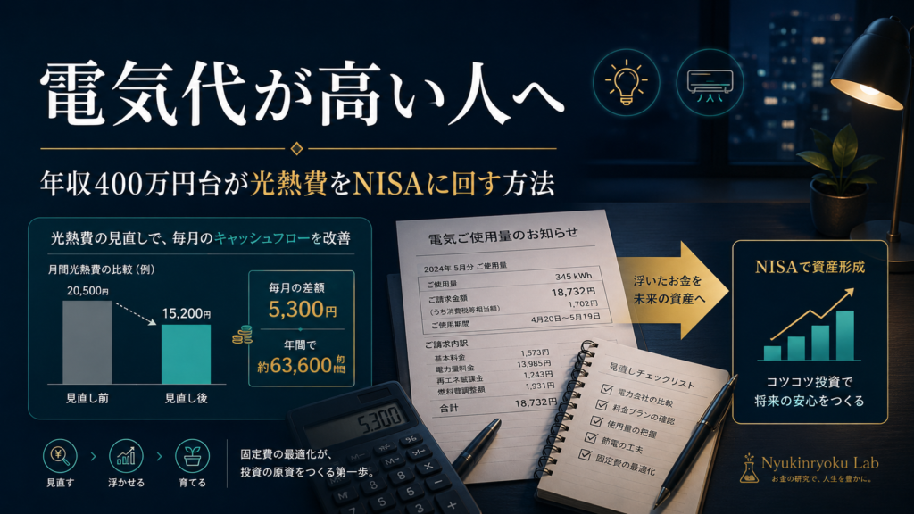 ガス料金明細や給湯器、ガスコンロを確認し、ガス代を見直して浮いたお金を新NISAや貯金に回す考え方を表したアイキャッチ画像