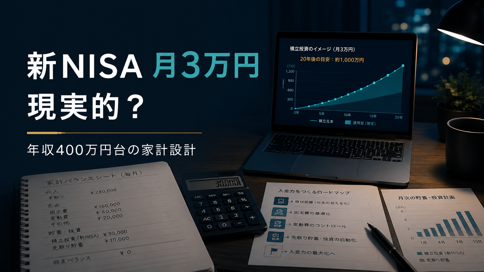 新NISAに月3万円を積み立てるための家計設計を示した、夜のデスク上の家計ノート・電卓・積立グラフのアイキャッチ画像