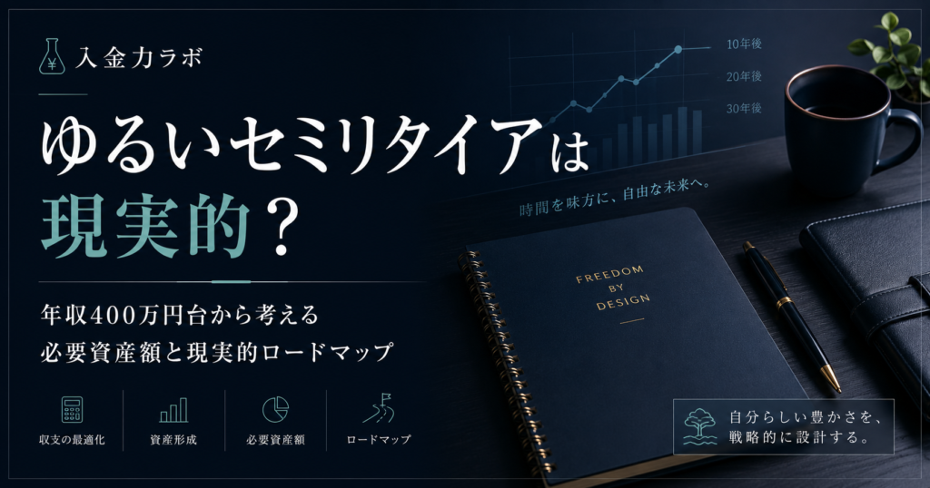 年収400万円台から資産5000万円を目指すセミリタイア設計を、ダークトーンのデスクとグラフで表現した入金力ラボのアイキャッチ画像