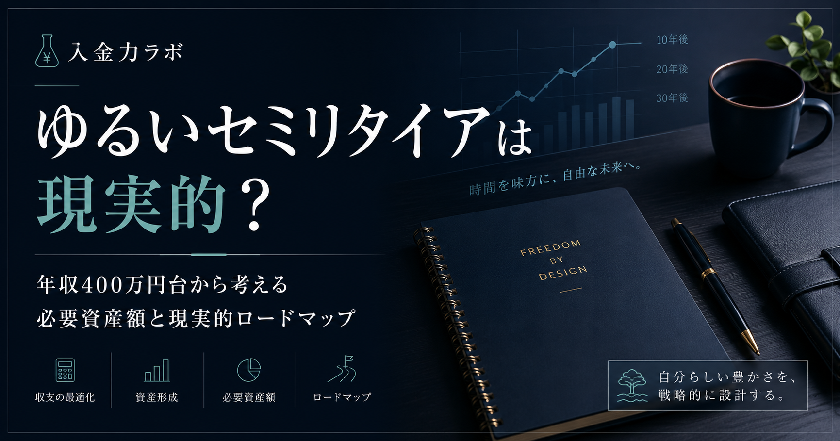 年収400万円台から資産5000万円を目指すセミリタイア設計を、ダークトーンのデスクとグラフで表現した入金力ラボのアイキャッチ画像