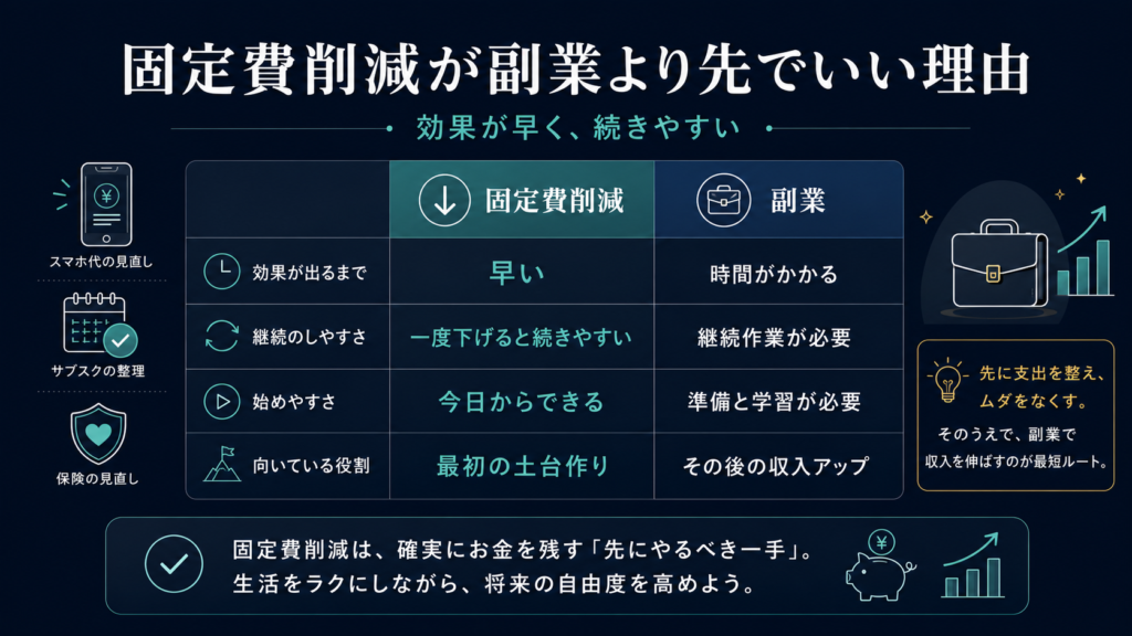 固定費削減が副業より先に取り組みやすい理由を、効果の早さや継続しやすさで比較した図解