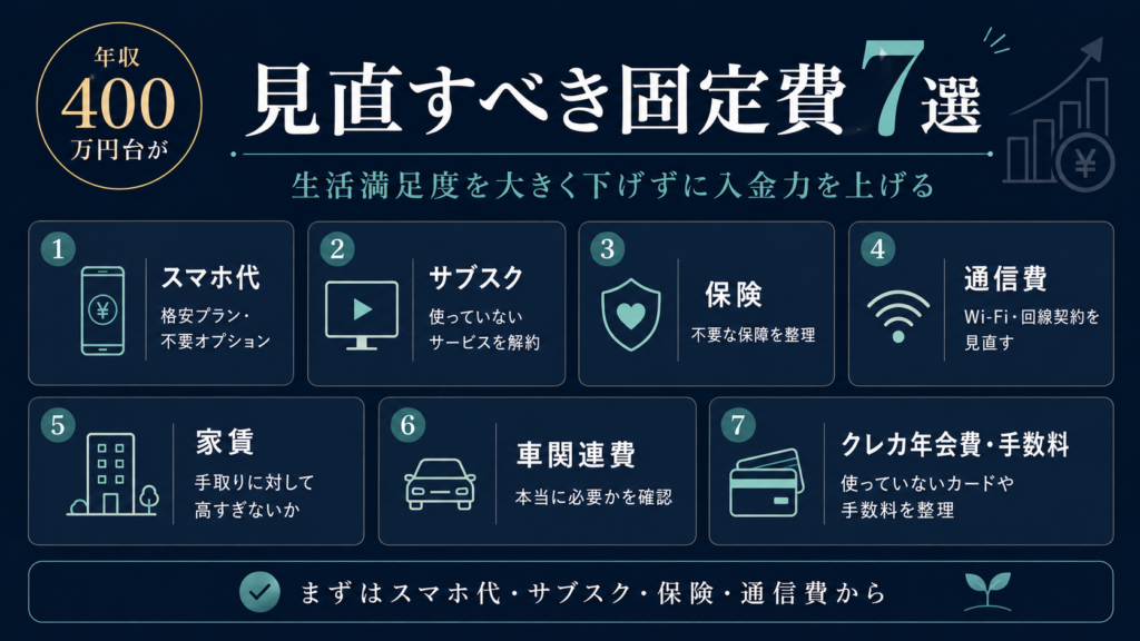 年収400万円台の会社員が見直すべきスマホ代・サブスク・保険・通信費・家賃などの固定費7選をまとめた図解