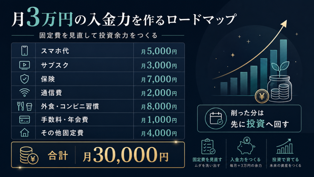 スマホ代・サブスク・保険・通信費などの固定費を見直して月3万円の入金力を作るロードマップを示した図解