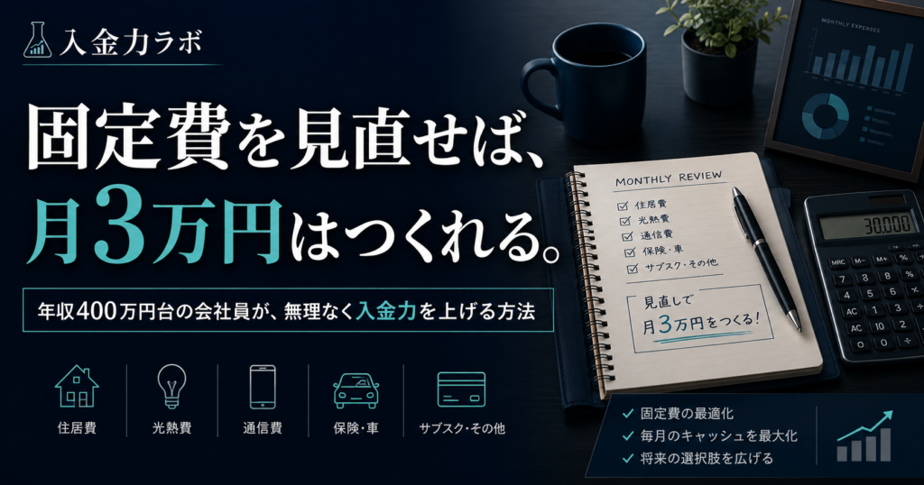 固定費を見直して月3万円の入金力を作る方法を、ダークトーンのデスクと家計管理ノートで表現した入金力ラボのアイキャッチ画像