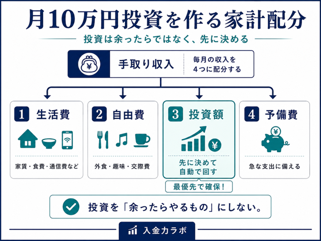 手取り収入を生活費・自由費・投資額・予備費に分けて月10万円投資を作る家計配分を示した図解