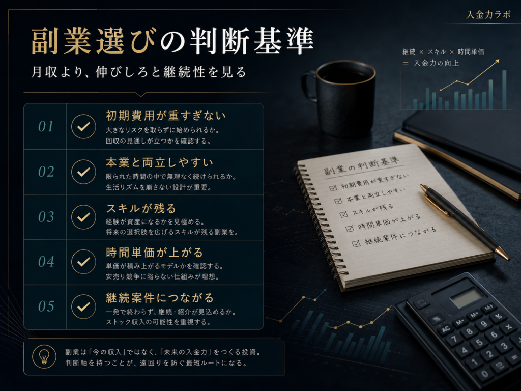 副業を選ぶときに見るべき初期費用・本業との両立・スキル・時間単価・継続案件の判断基準をまとめた図解