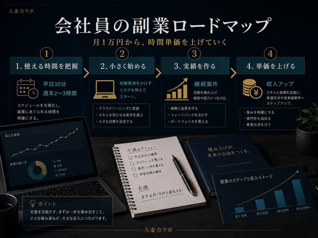 会社員が副業を始めて月1万円から時間単価を上げていくためのロードマップを示した図解