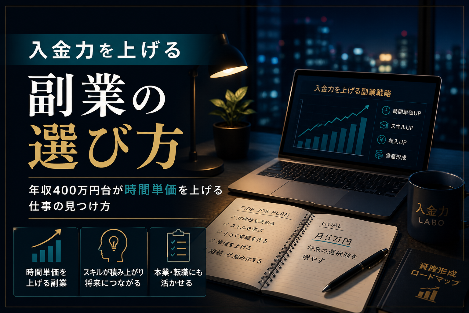 年収400万円台の会社員が入金力を上げるために時間単価の高い副業を選ぶ考え方を、ダークトーンのデスクと仕事用ノートで表現したアイキャッチ画像