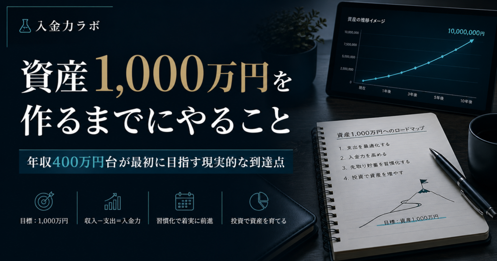 年収400万円台の会社員が資産1000万円を作るまでにやることを、ダークトーンのデスクと資産形成ロードマップで表現した入金力ラボのアイキャッチ画像