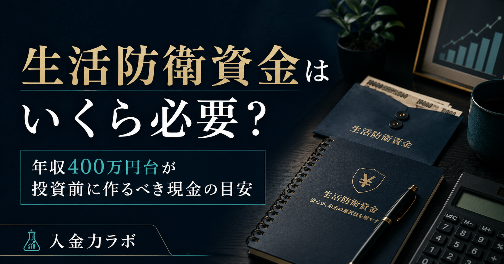 年収400万円台の会社員が投資前に作るべき生活防衛資金の目安を、ダークトーンのデスクと現金管理ノートで表現した入金力ラボのアイキャッチ画像