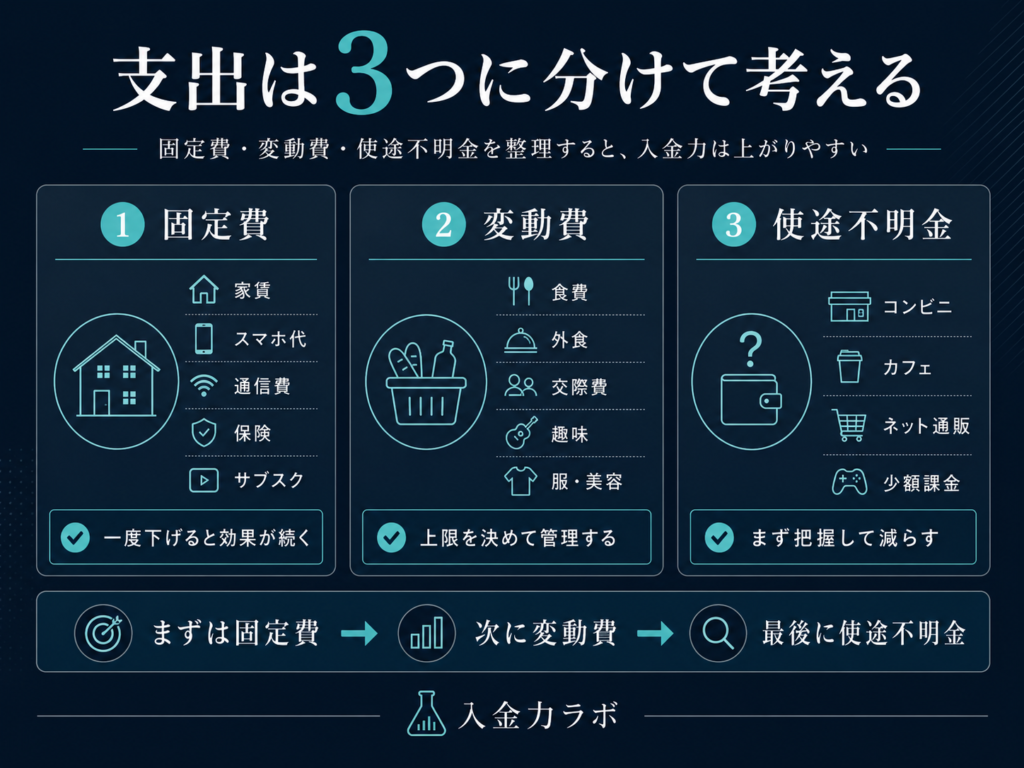 固定費・変動費・使途不明金の3つに支出を分けて管理する考え方を示した図解
