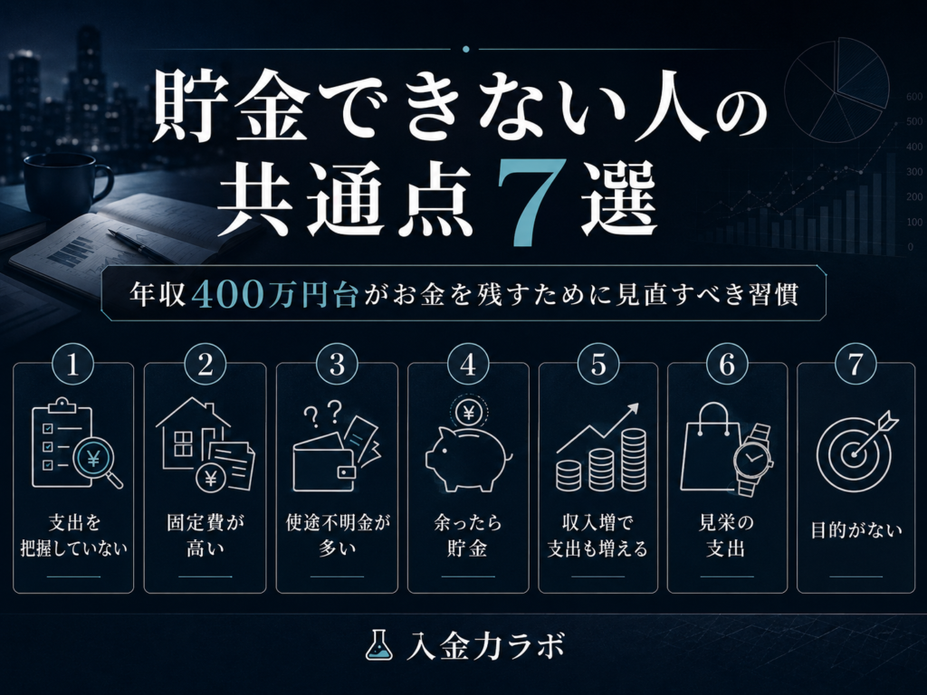 貯金できない人に多い支出把握不足・固定費の高さ・使途不明金・見栄の支出など7つの共通点をまとめた図解
