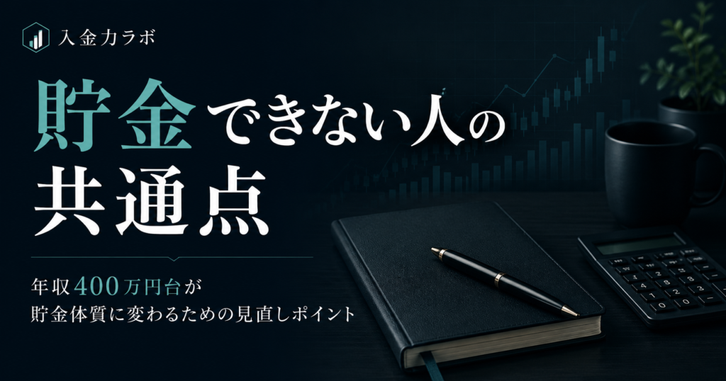 年収400万円台の会社員が貯金できない原因と見直すべき習慣を、ダークトーンのデスクと家計管理ノートで表現した入金力ラボのアイキャッチ画像