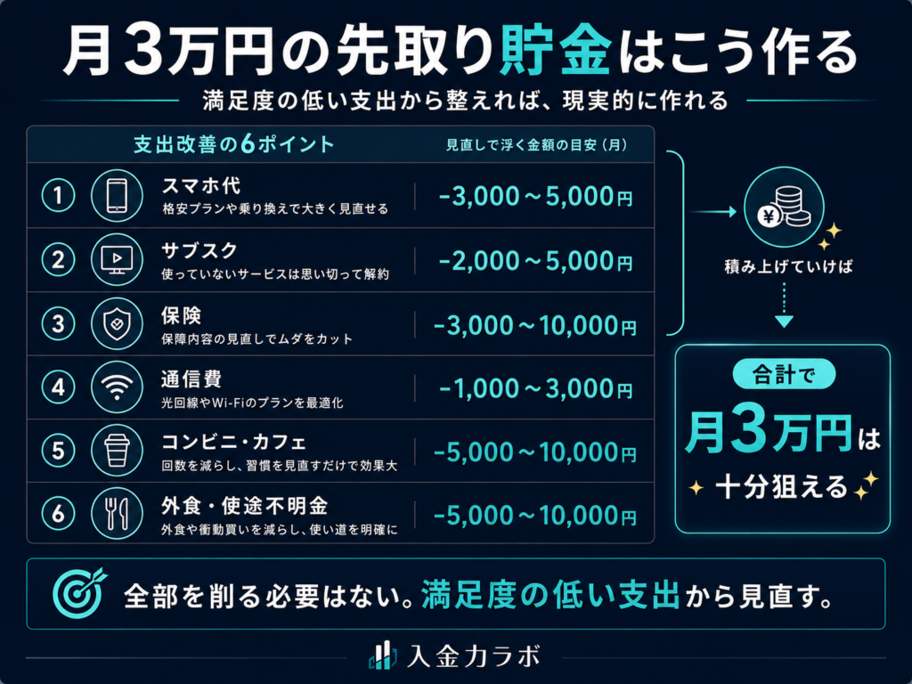 スマホ代・サブスク・保険・通信費・コンビニ代などを見直して月3万円の先取り貯金を作る方法を示した図解