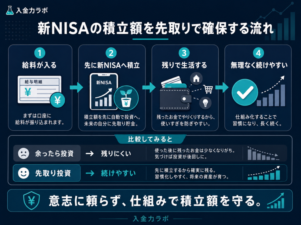 給料が入ったら先に新NISAへ積み立て、残ったお金で生活する先取り投資の流れを示した図解