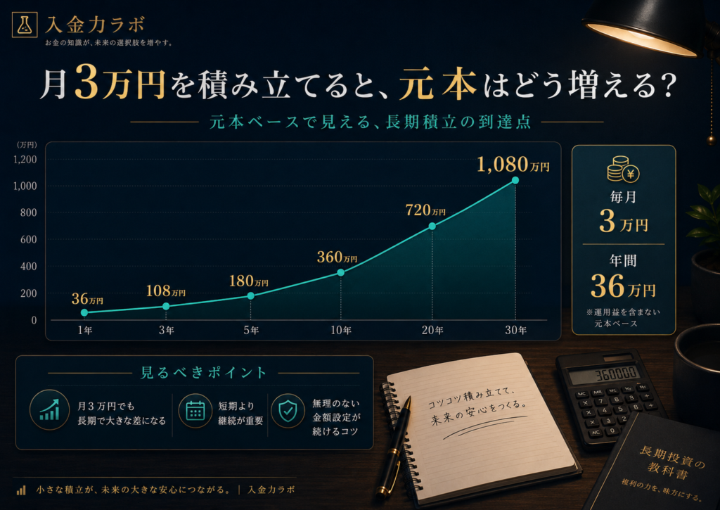 新NISAで月3万円を積み立てた場合の元本推移を、1年36万円・3年108万円・5年180万円・10年360万円・20年720万円・30年1080万円で示したグラフ