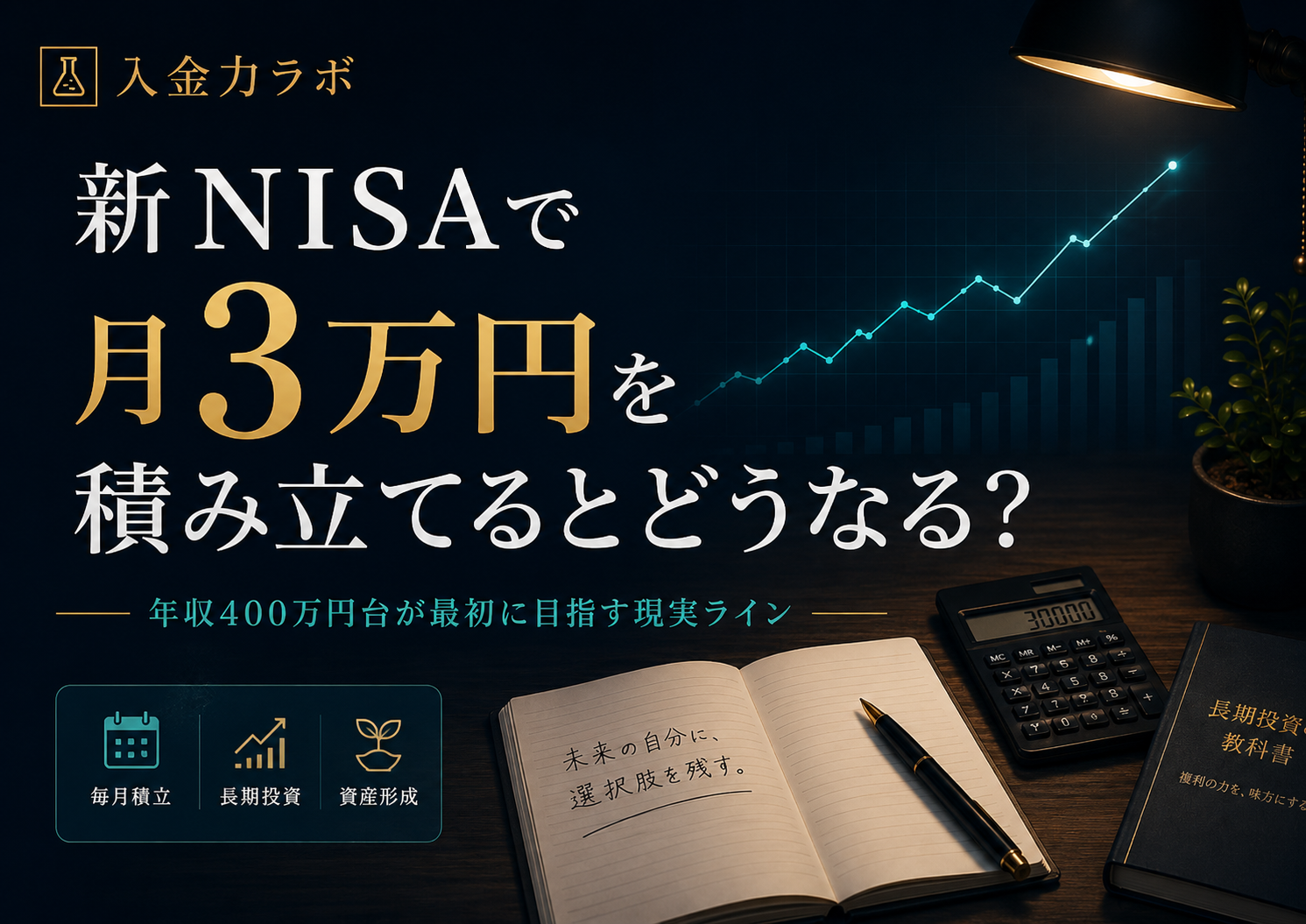 新NISAで月3万円を積み立てるとどうなるかを、年収400万円台が最初に目指す現実ラインとして表現した入金力ラボのアイキャッチ画像