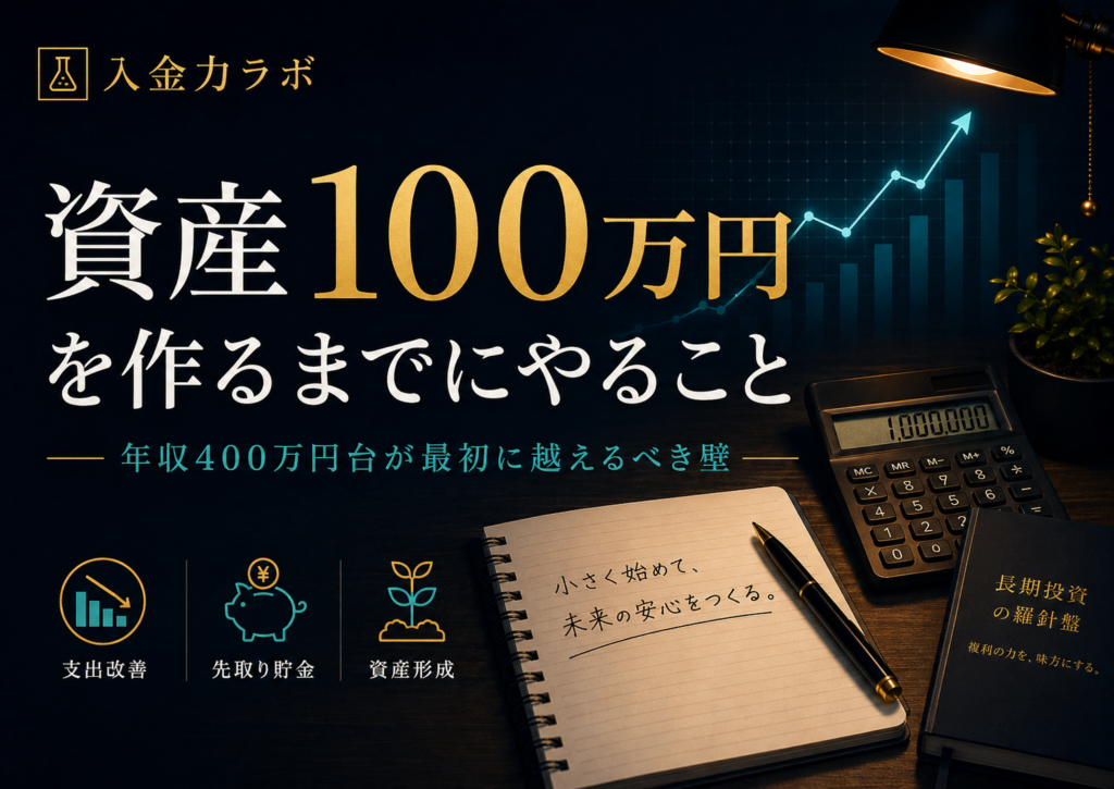 年収400万円台の会社員が資産100万円を作るまでにやることを、支出改善・先取り貯金・資産形成の流れで表現した入金力ラボのアイキャッチ画像