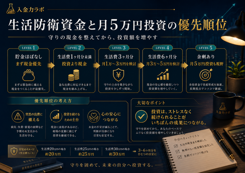 生活防衛資金を整えてから月5万円投資を目指す優先順位を、貯金ほぼなし・生活費1ヶ月分・3ヶ月分・6ヶ月分・余剰ありの段階で示した図解