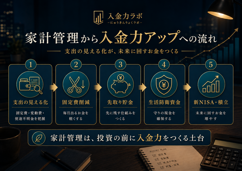 家計管理から入金力アップへの流れを、支出の見える化・固定費削減・先取り貯金・生活防衛資金・新NISA積立の順番で示した図解