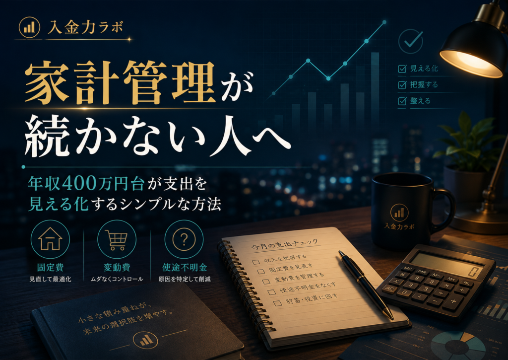 家計管理が続かない人向けに、固定費・変動費・使途不明金を見える化して支出を整える方法を表現した入金力ラボのアイキャッチ画像