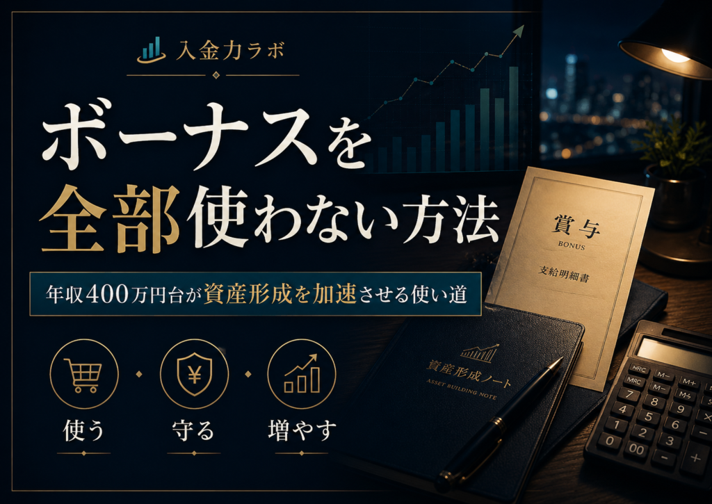 ボーナスを全部使わずに、使う・守る・増やすの3つに分けて資産形成を加速させる方法を表現した入金力ラボのアイキャッチ画像