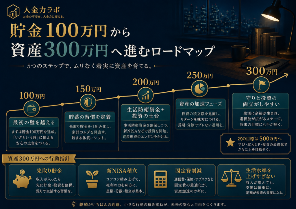 貯金100万円から資産300万円へ進むために、先取り貯金・新NISA積立・固定費削減・生活水準維持を整理したロードマップ図解