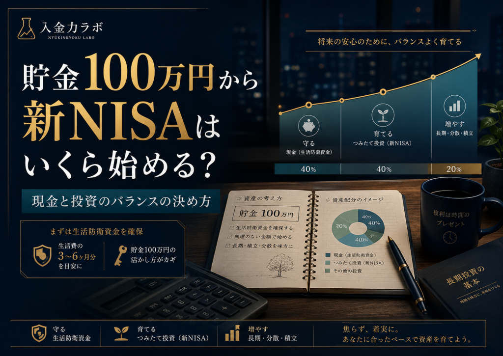貯金100万円から新NISAをいくら始めるべきか、現金・生活防衛資金・投資のバランスを整理した入金力ラボのアイキャッチ画像