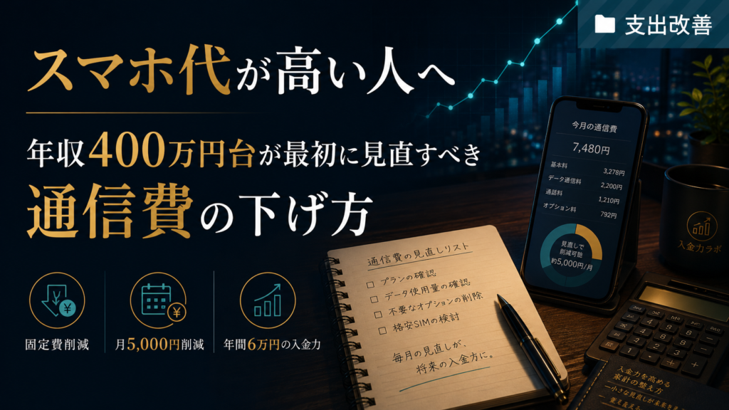 スマホ代が高い人向けに、通信費の見直し・月5,000円削減・年間6万円の入金力アップを表現した入金力ラボのアイキャッチ画像