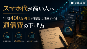 スマホ代が高い人向けに、通信費の見直し・月5,000円削減・年間6万円の入金力アップを表現した入金力ラボのアイキャッチ画像