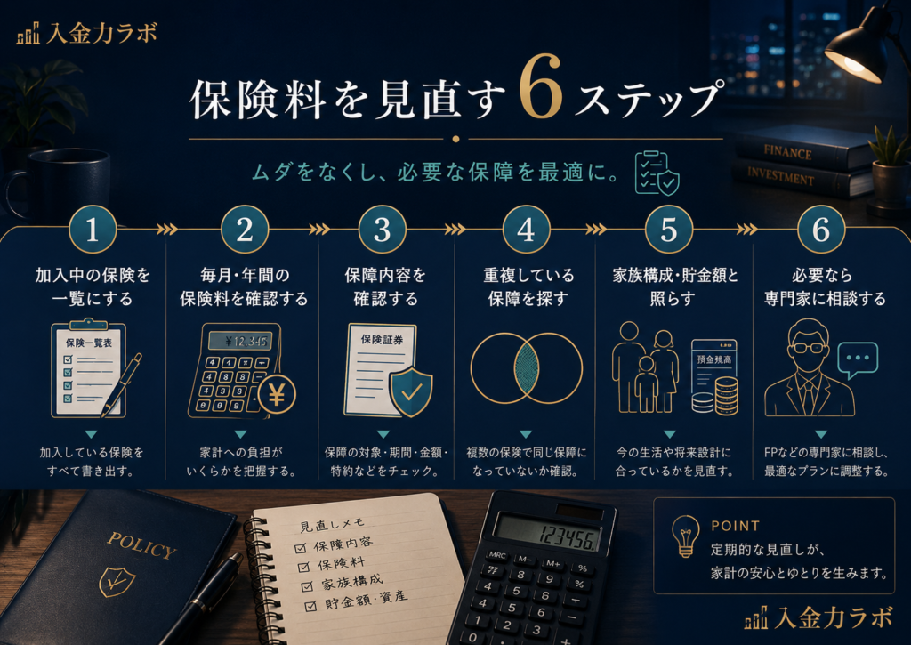 保険料を見直すために、加入中の保険一覧・保険料確認・保障内容確認・重複保障の確認・家族構成と貯金額の確認・専門家相談の6ステップを示した図解
