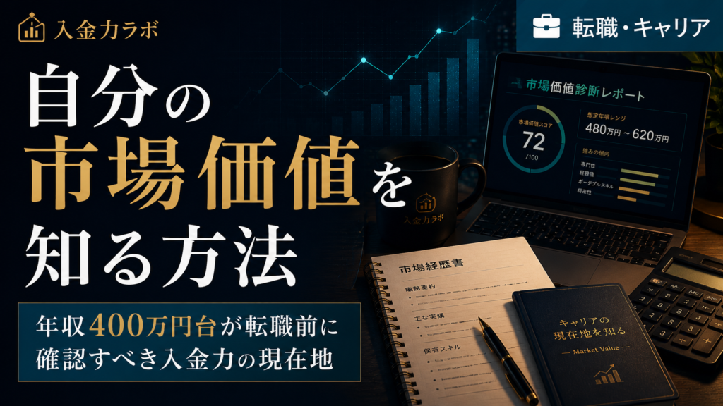 年収400万円台の会社員が転職前に自分の市場価値を知り、入金力の現在地を確認する方法を表現した入金力ラボのアイキャッチ画像