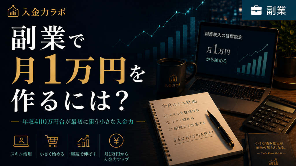 年収400万円台の会社員が副業で月1万円を作るために、小さく始めて入金力を上げる方法を表現した入金力ラボのアイキャッチ画像