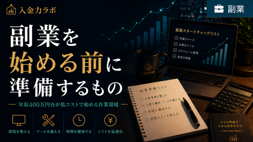 年収400万円台の会社員が副業を始める前に、作業環境・必要なツール・時間管理・収支管理を低コストで準備する方法を表現した入金力ラボのアイキャッチ画像