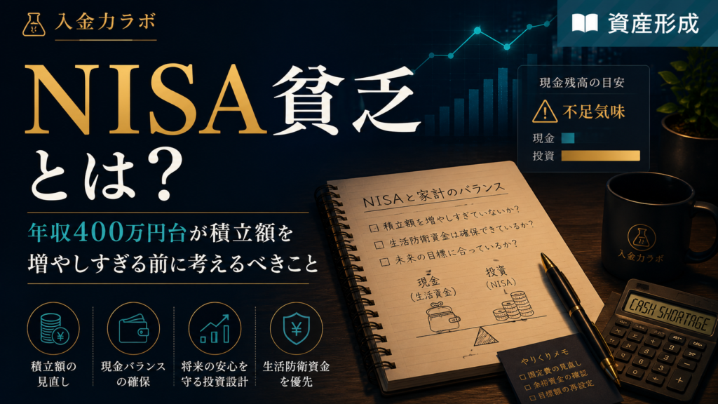 NISA貧乏を避けるために、年収400万円台の会社員が新NISAの積立額・現金残高・生活防衛資金のバランスを考える方法を表現した入金力ラボのアイキャッチ画像