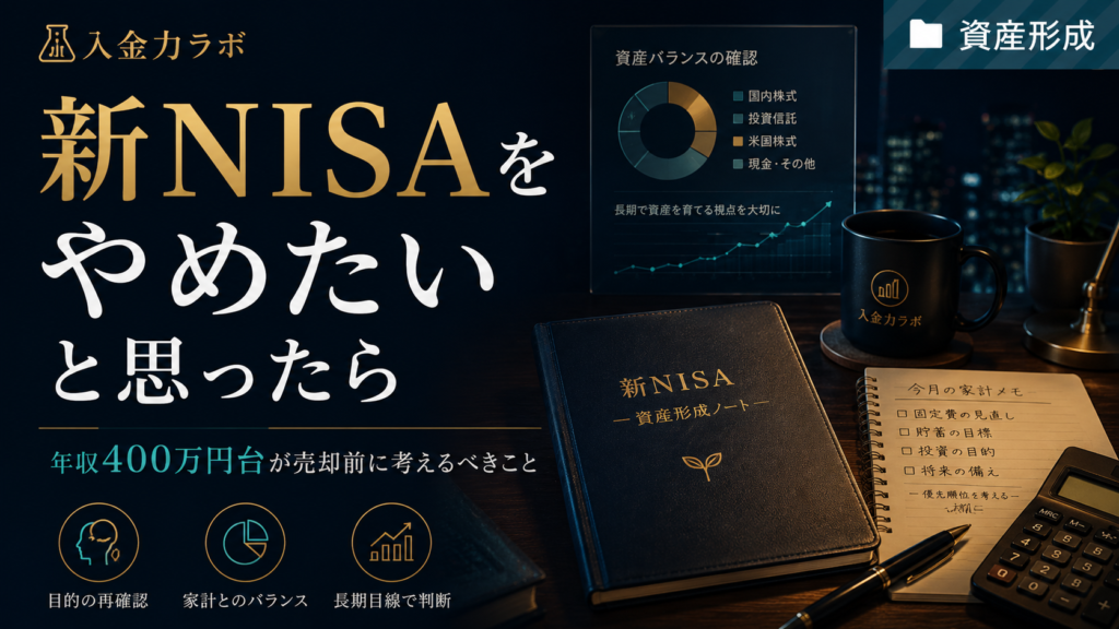 新NISAをやめたいと思った年収400万円台の会社員向けに、売却前に家計・投資目的・資産バランスを確認する考え方を表現した入金力ラボのアイキャッチ画像