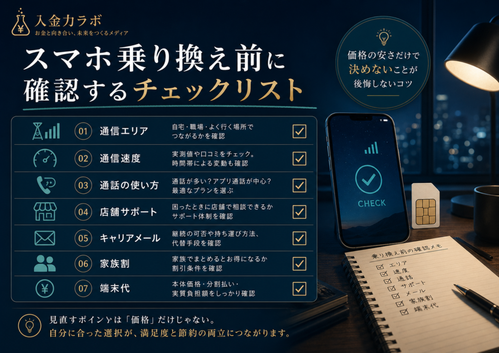 スマホ乗り換え前に、通信エリア・通信速度・通話の使い方・店舗サポート・キャリアメール・家族割・端末代を確認するチェックリスト図解